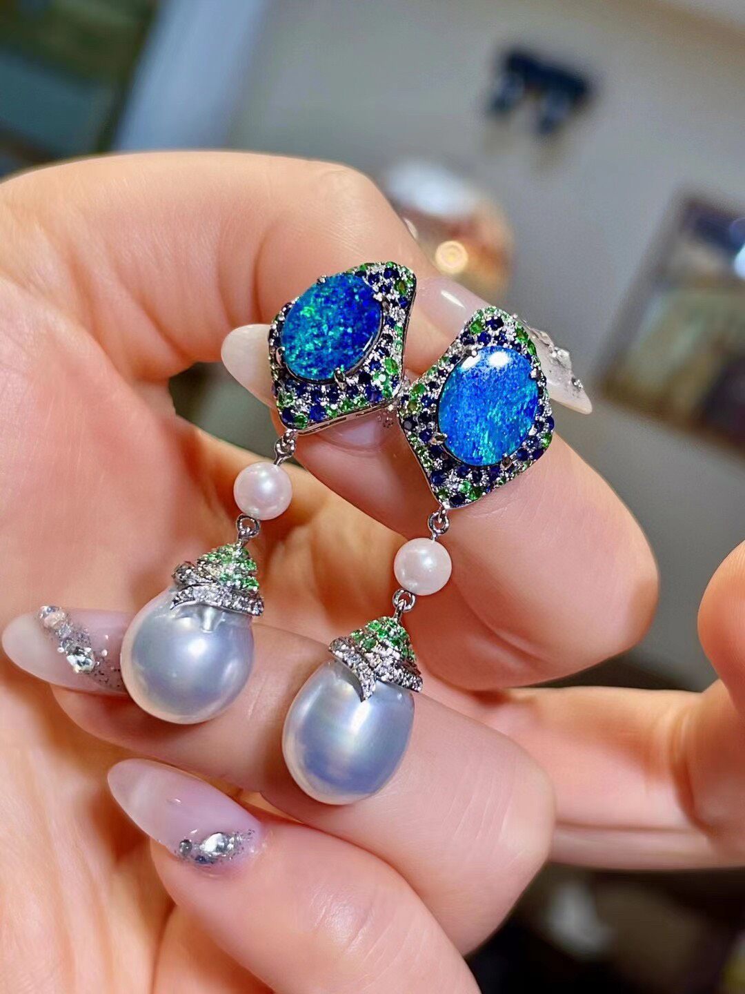 18k Gold Baroque Pearl and Opal Dangle Earrings with Sapphire, Tsavorite, and Diamond Accents