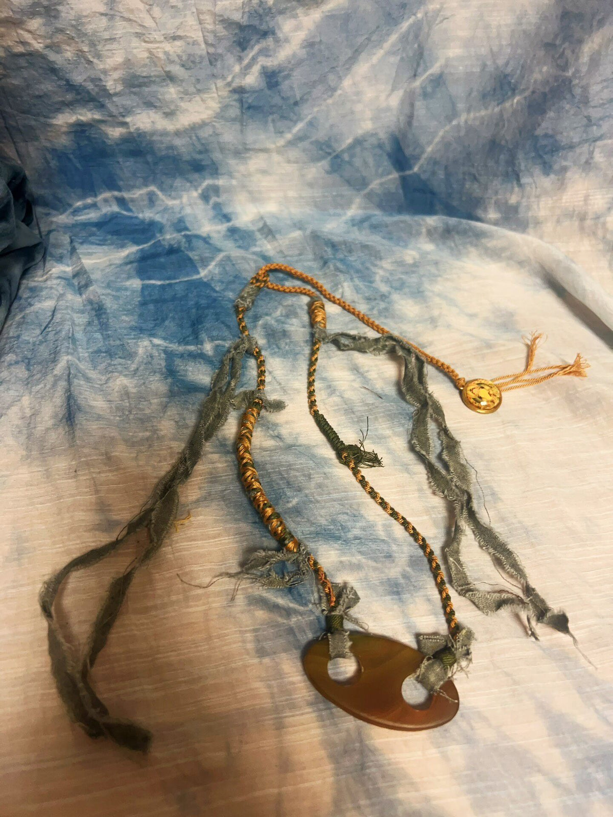 Handwoven Agate Pendant Necklace with Frayed Cord
