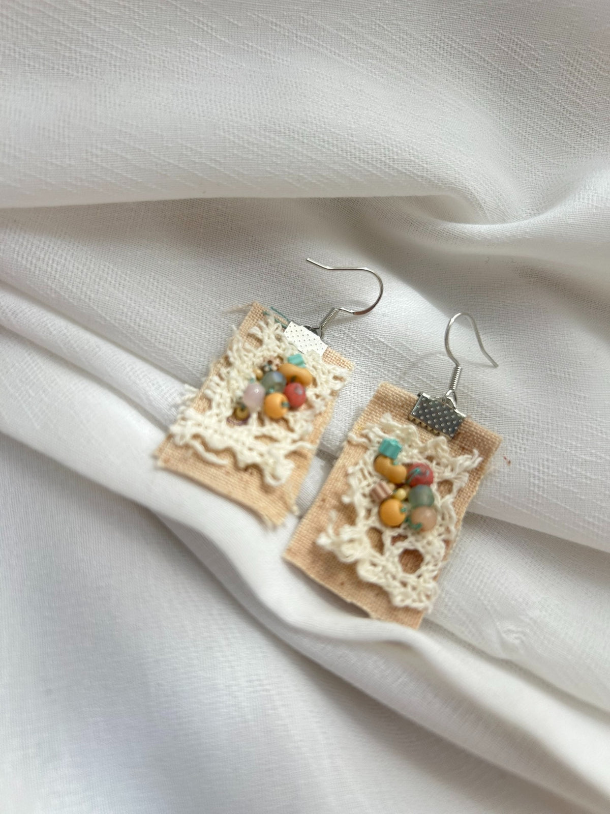 Handmade Fabric Earrings with Beaded Lace
