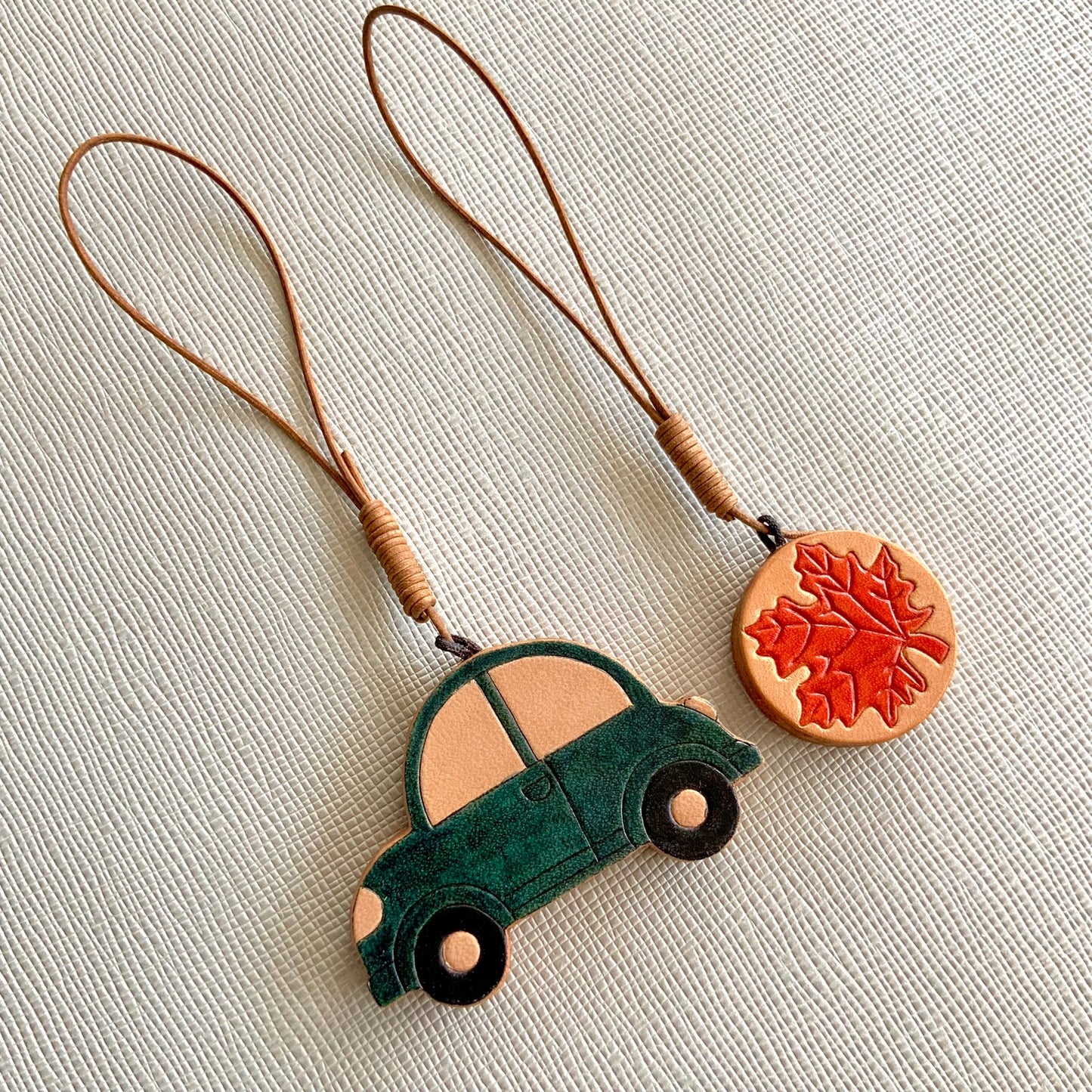Handcrafted Leather Car and Leaf Charm Set