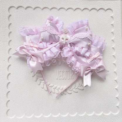 Pink Large Multi-Layer Bow Lolita Headband with Lace and Pearl Charms