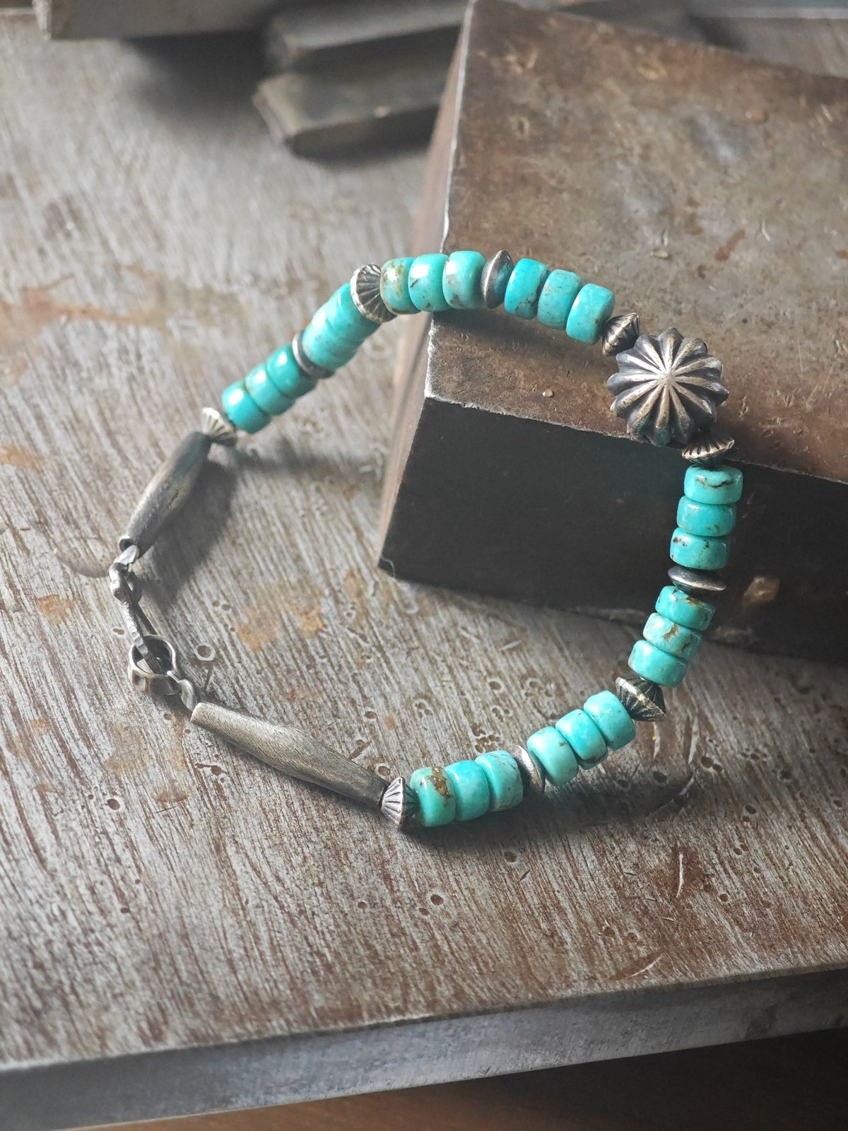 Navajo Style Silver Turquoise Bead Bracelet