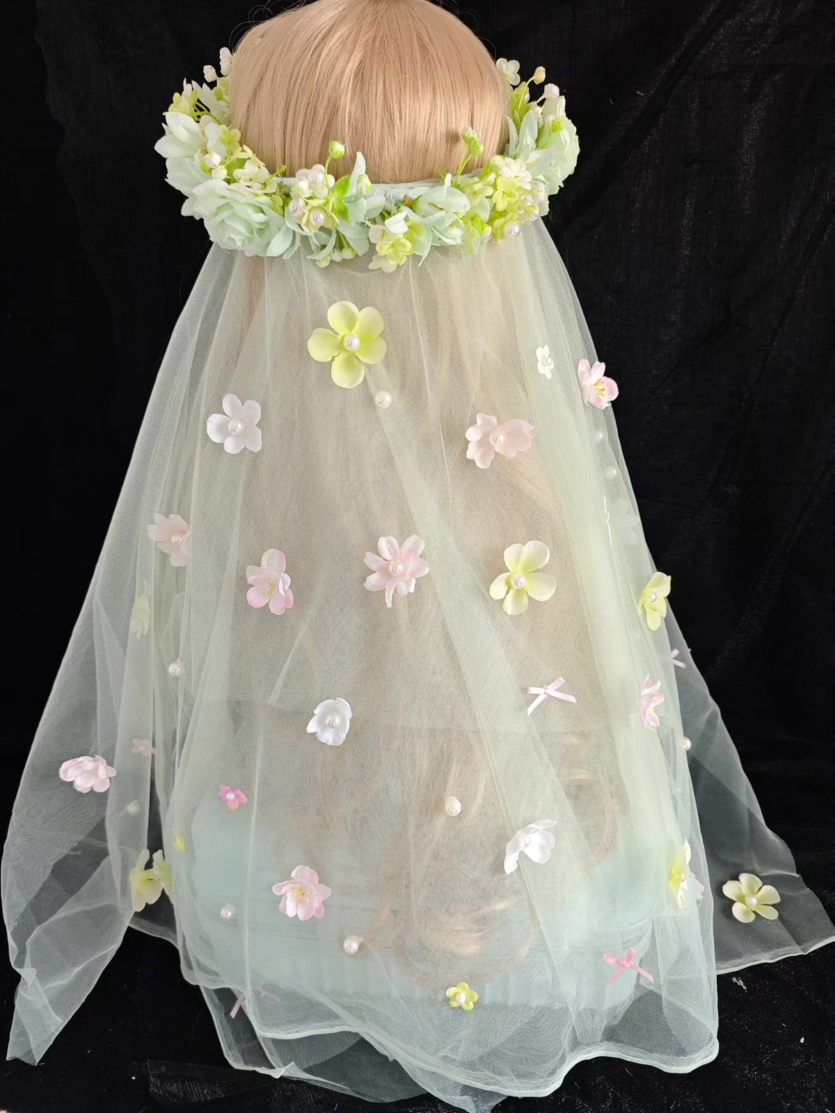 Green Floral Wreath Headpiece with Detachable Veil