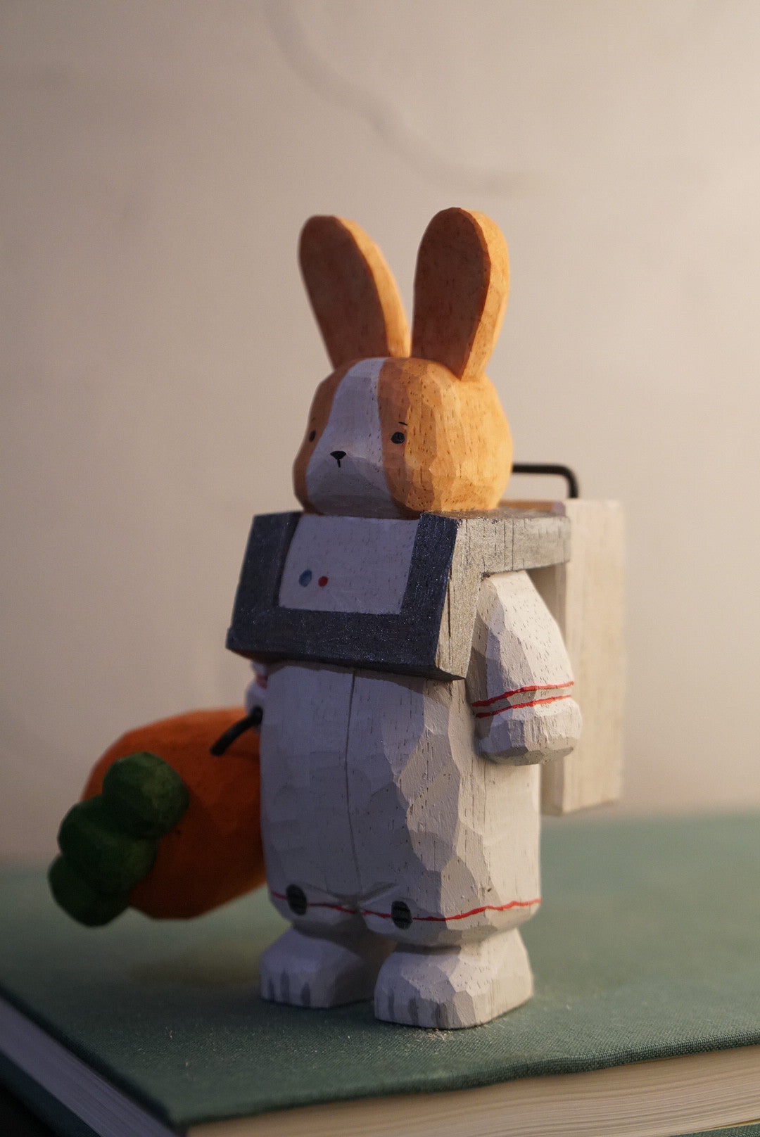 Hand Carved Wooden Astronaut Rabbit Sculpture