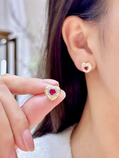 18K Gold Heart Stud Earrings with Red Gemstone and Brushed Finish