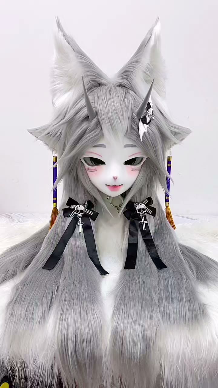 シルバーグレーのオカミのヘッドピース（角付き）