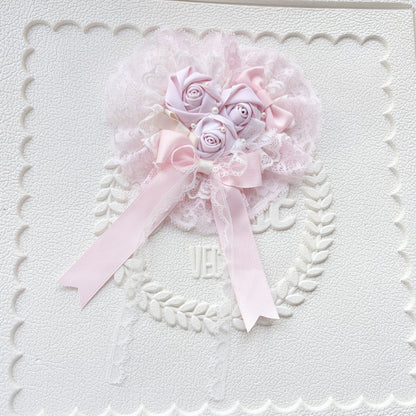 Pink Rose Heart Lace Hair Clip with Detachable Veil