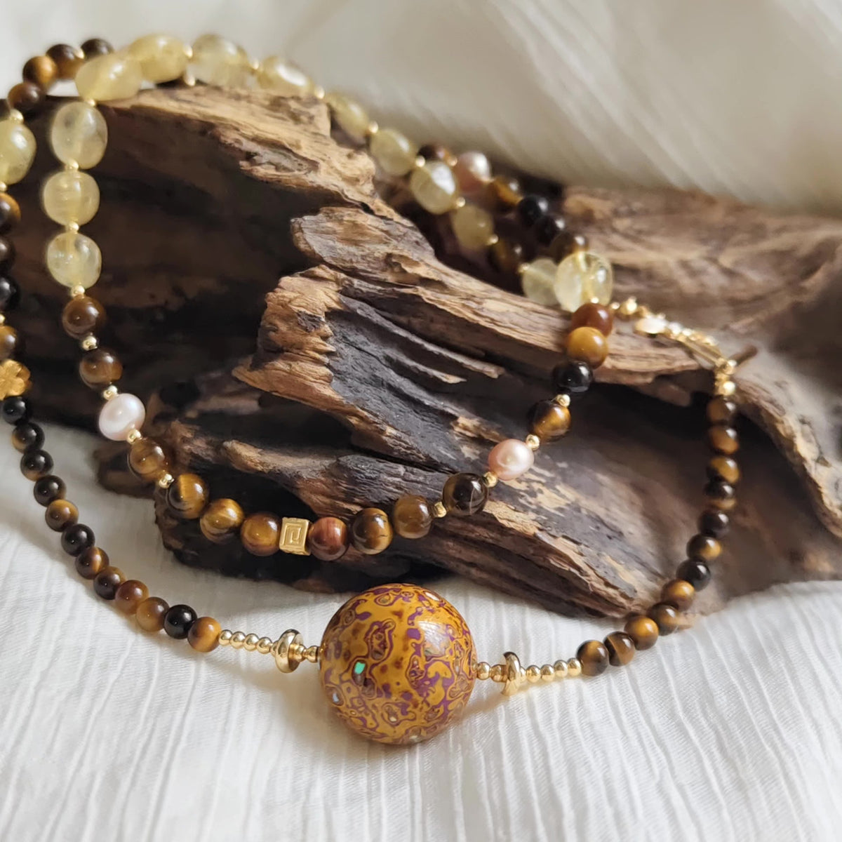 Chinese Lacquer Bead Necklace with Tiger Eye