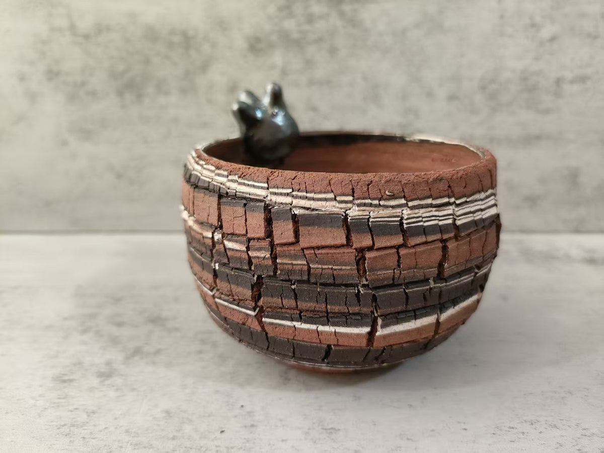 Handcrafted Ceramic Bowl with Cat Figurine