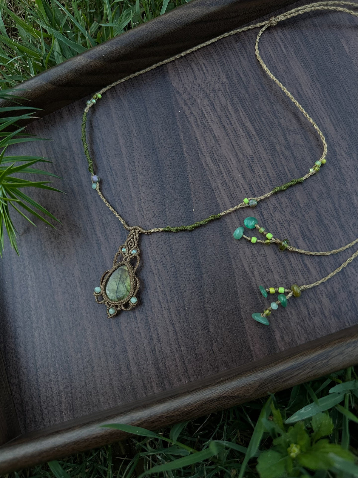 Handcrafted Labradorite Macrame Necklace Brown Green Cord