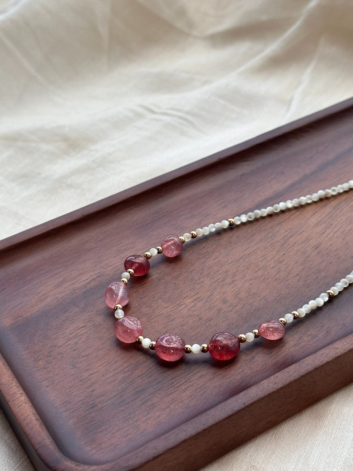 Strawberry Crystal Necklace with Butterfly Shell Beads
