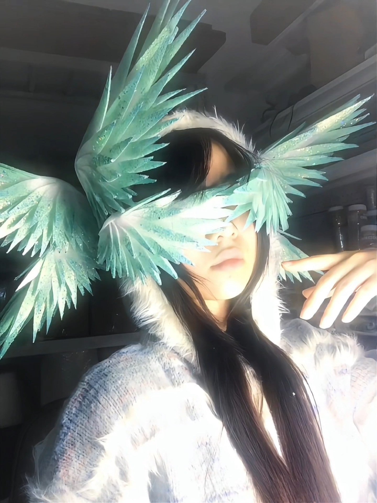 Handmade Hatsune Miku Style Translucent Green Wing Headpiece with Pearlescent Finish