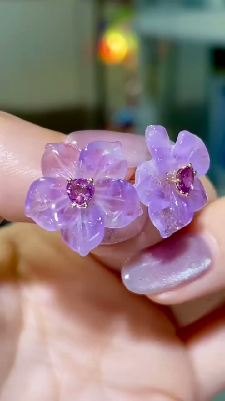 Amethyst Floral Stud Earrings with Sapphire Center