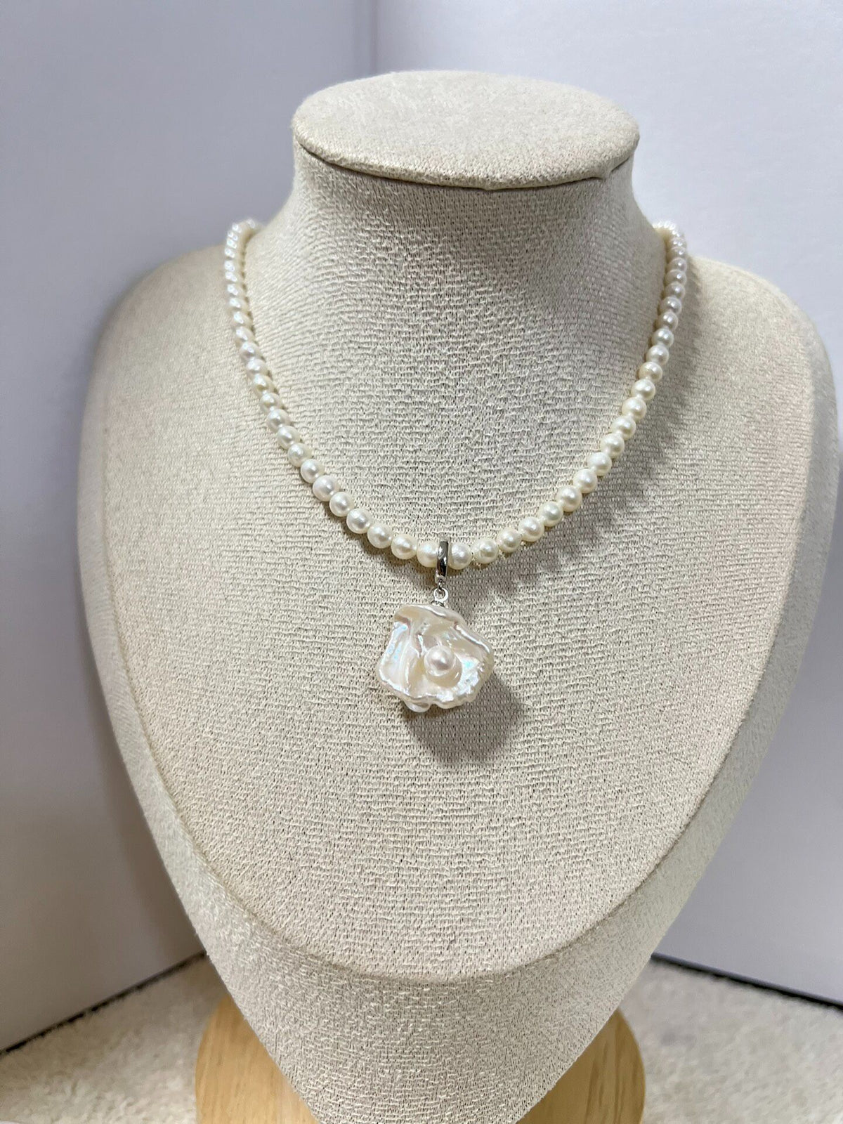 Pearl Necklace with Baroque Shell Pendant