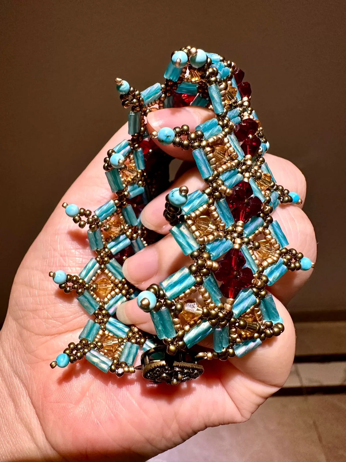 Persian Geometric Wide Cuff Bracelet Turquoise Red