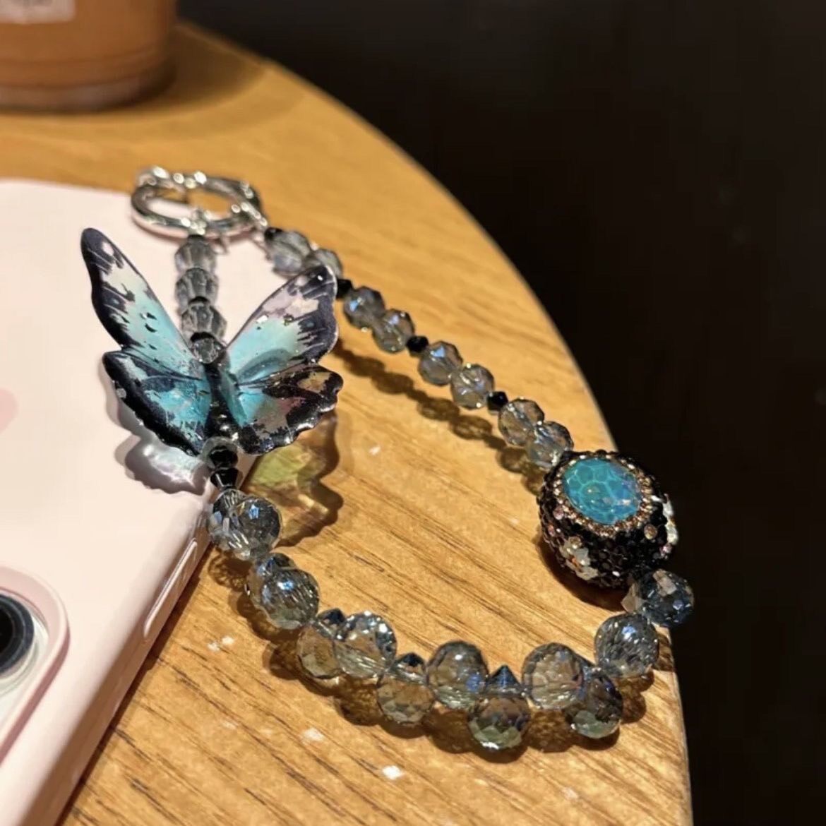 Smoky Blue Beaded Phone Charm with Butterfly
