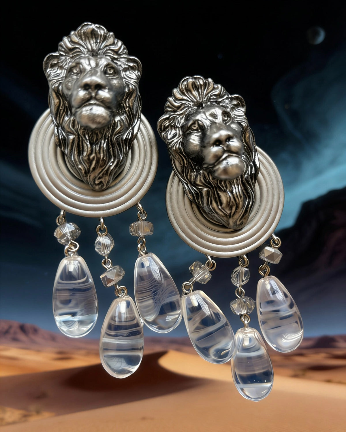 Lion Head Crystal Tassel Earrings