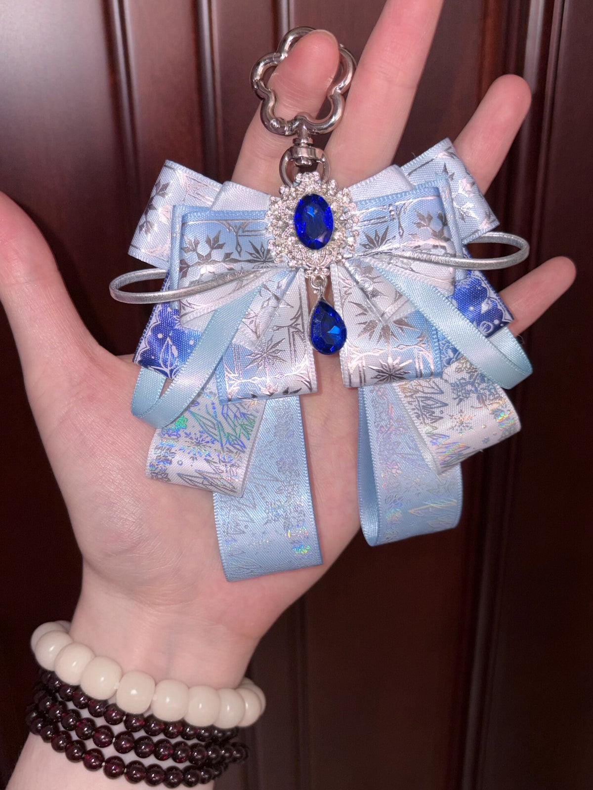 Light Blue Bow Keychain with Blue Gemstone