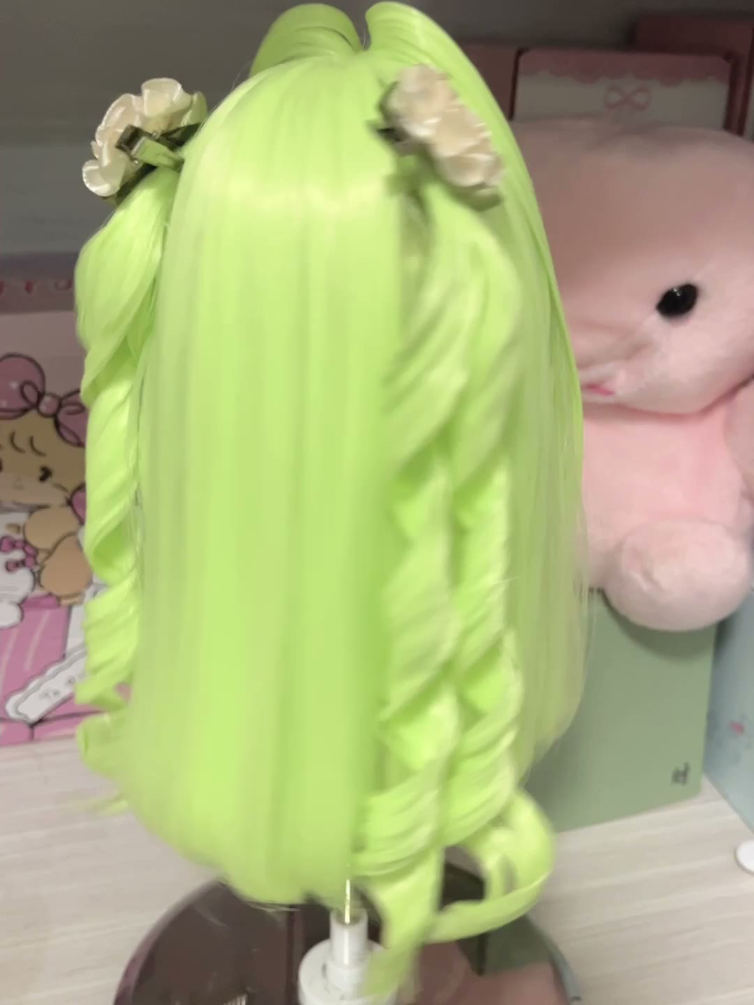 Lime Green Doll Wig with Flowers