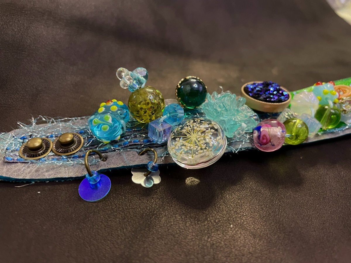 Distressed Leather Cuff Bracelet with Resin Charms