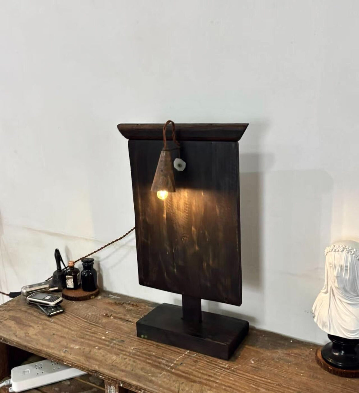Vintage Solid Wood Table Lamp Rustic Industrial
