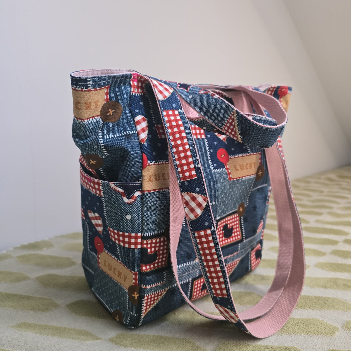 Small Tote Bag with Denim Patchwork Print