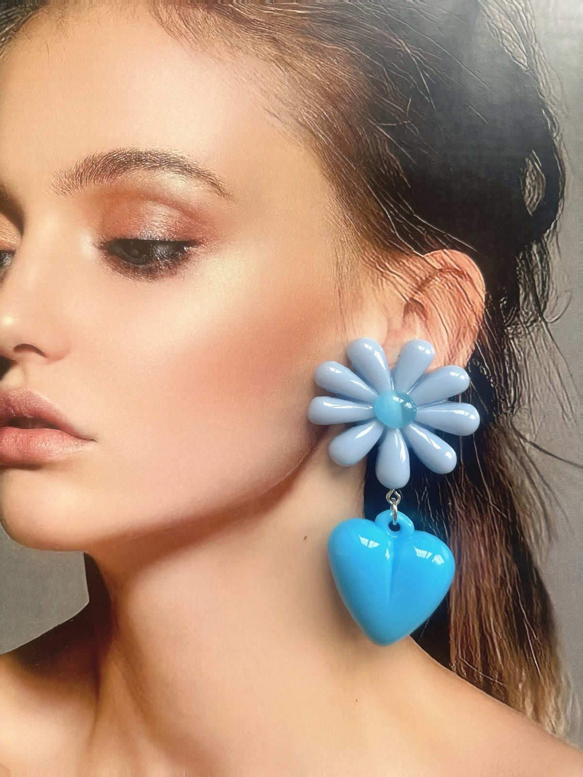 Blue Daisy Heart Drop Earrings