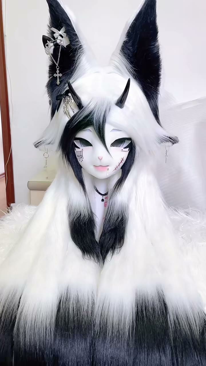 Furry Beast Head Cowl Zwart-wit Vacht