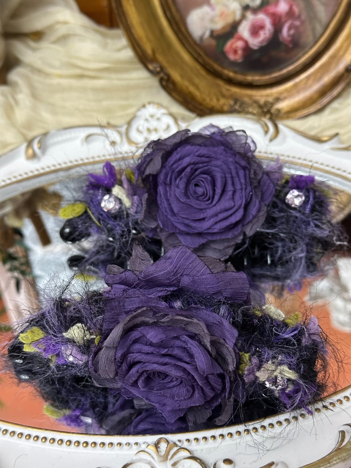 Handcrafted Fabric Rose Banana Clip Dark Purple