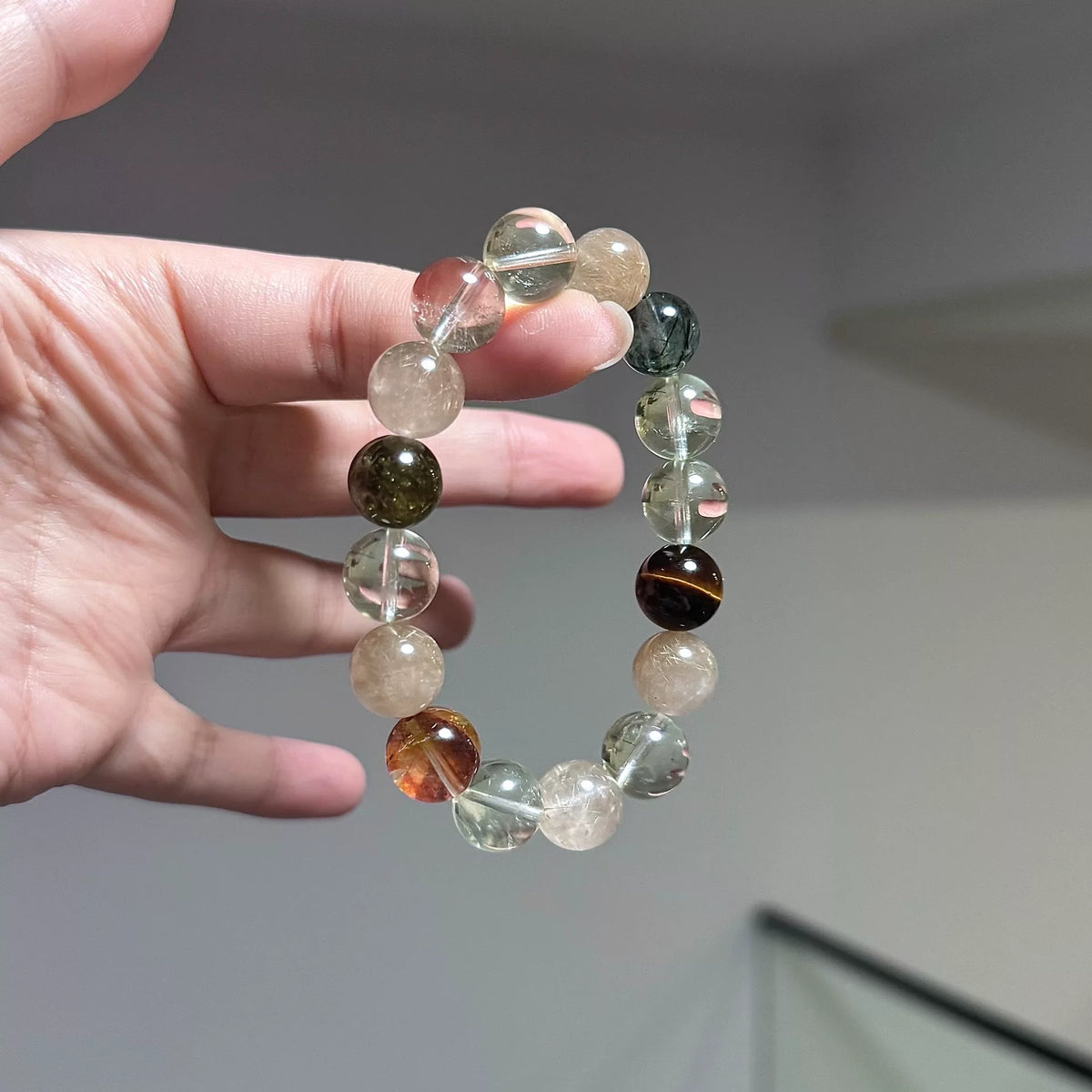 Bracciale in Cristalli Quarzo Rutilato Dorato e Occhio di Tigre