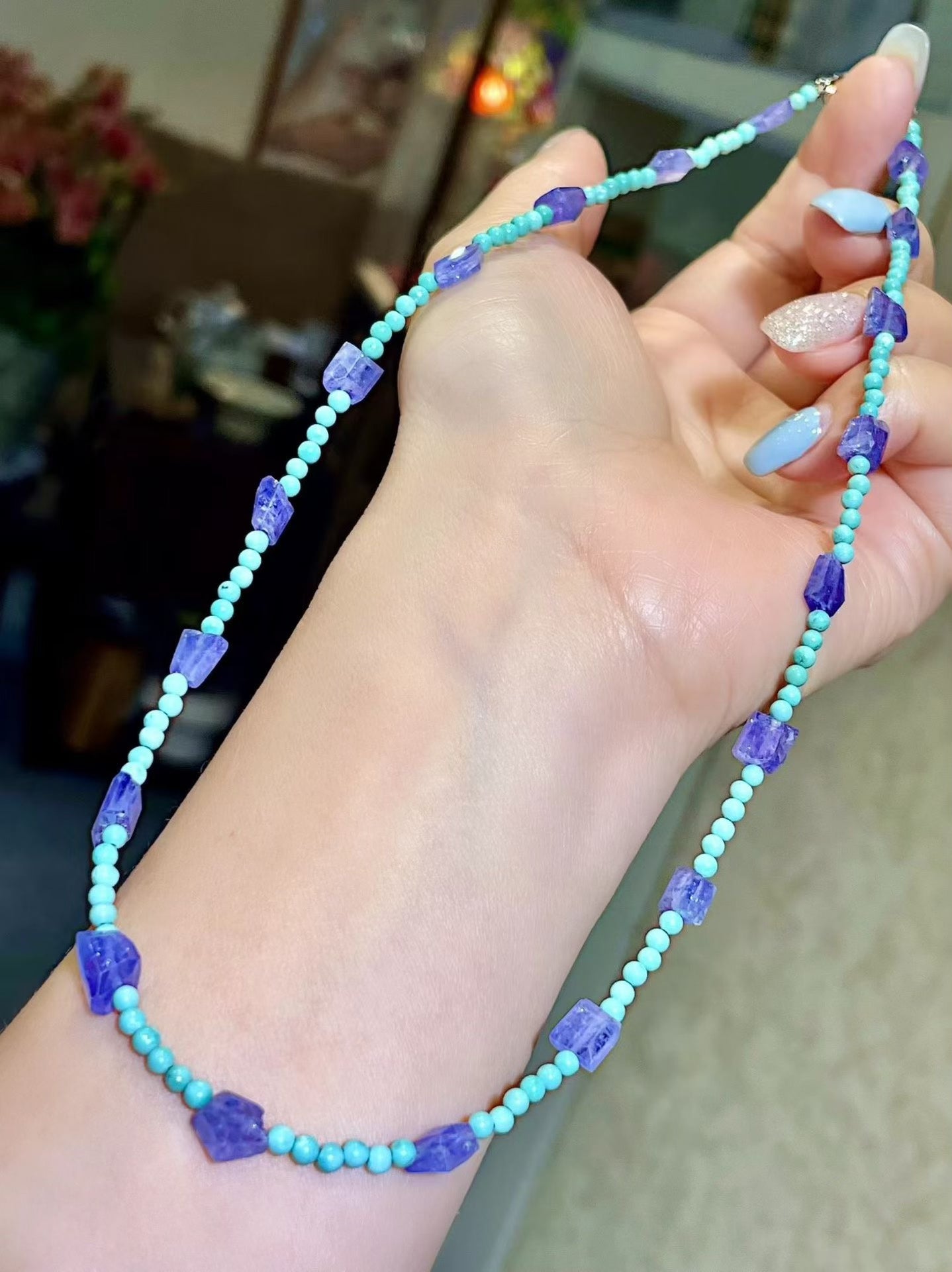 Irregular Tanzanite and Turquoise Beaded Necklace, 43.5cm