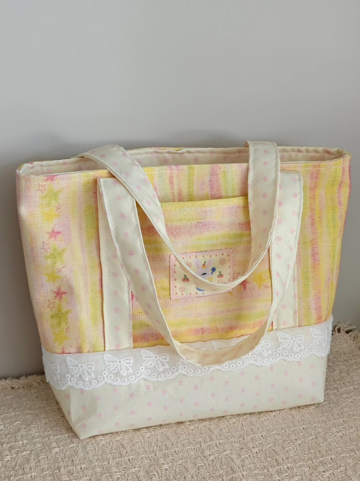 Handwoven Tote Bag Pink Yellow Striped Stars
