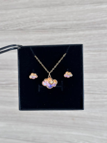 Gold-Plated Copper Cloud Motif Necklace & Earring Set with Iridescent Accents