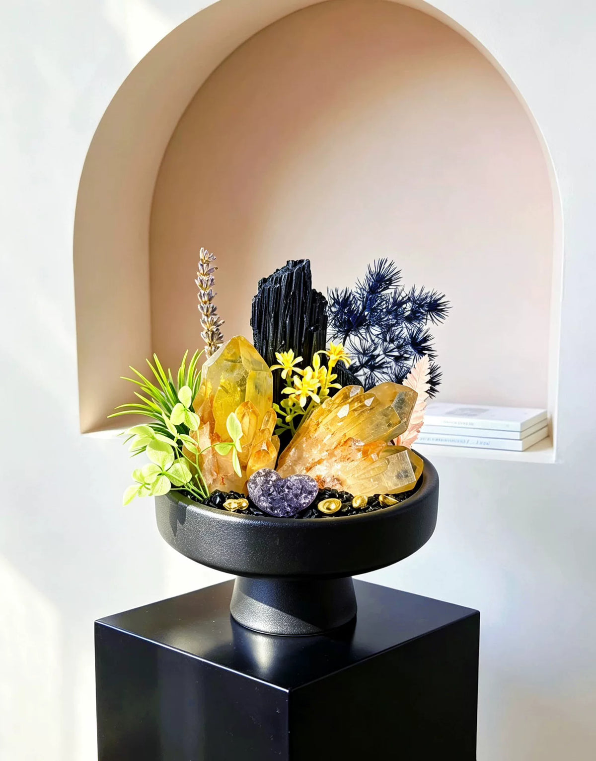 Black Tourmaline Citrine Crystal Bonsai Pot