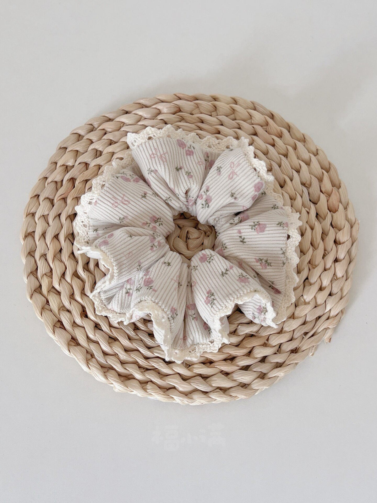 Beige Corduroy Floral Lace Scrunchie