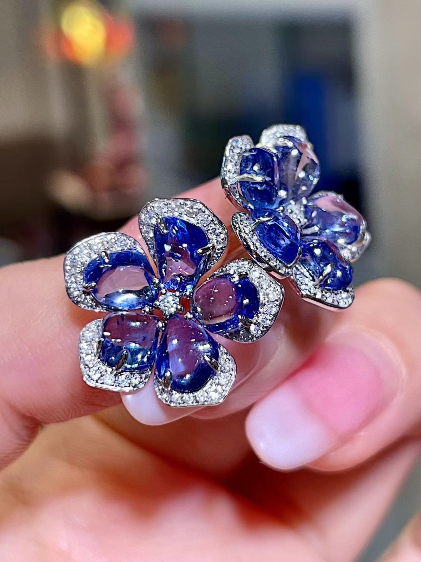 18K White Gold 11.55ct Sapphire and 0.38ct Diamond Five-Petal Flower Stud Earrings