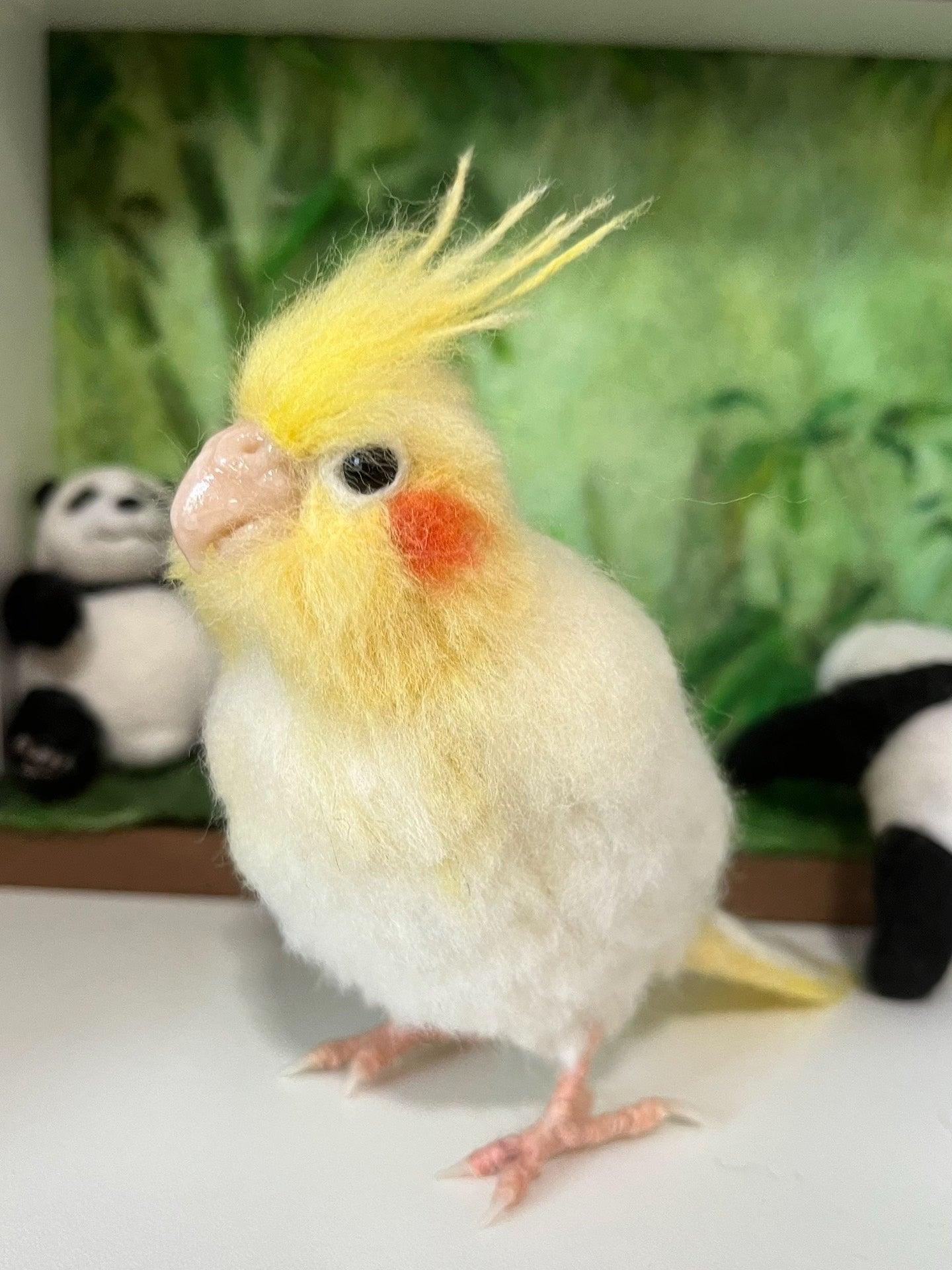 Needle-Felted Cockatiel with White Body, Yellow Crest, and Orange Cheek Patch