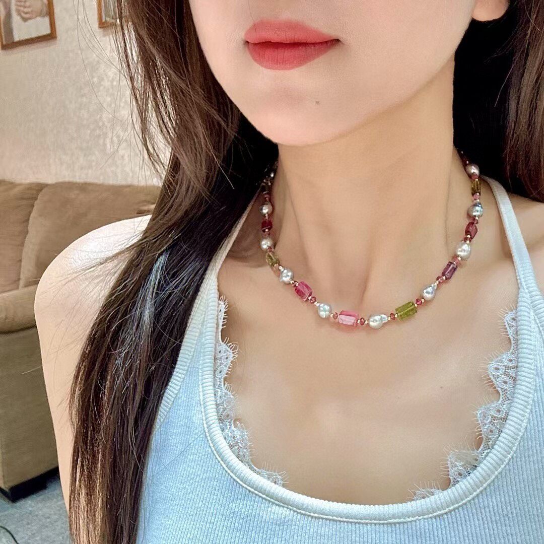 Baroque Pearl and Tourmaline Necklace with Adjustable Chain
