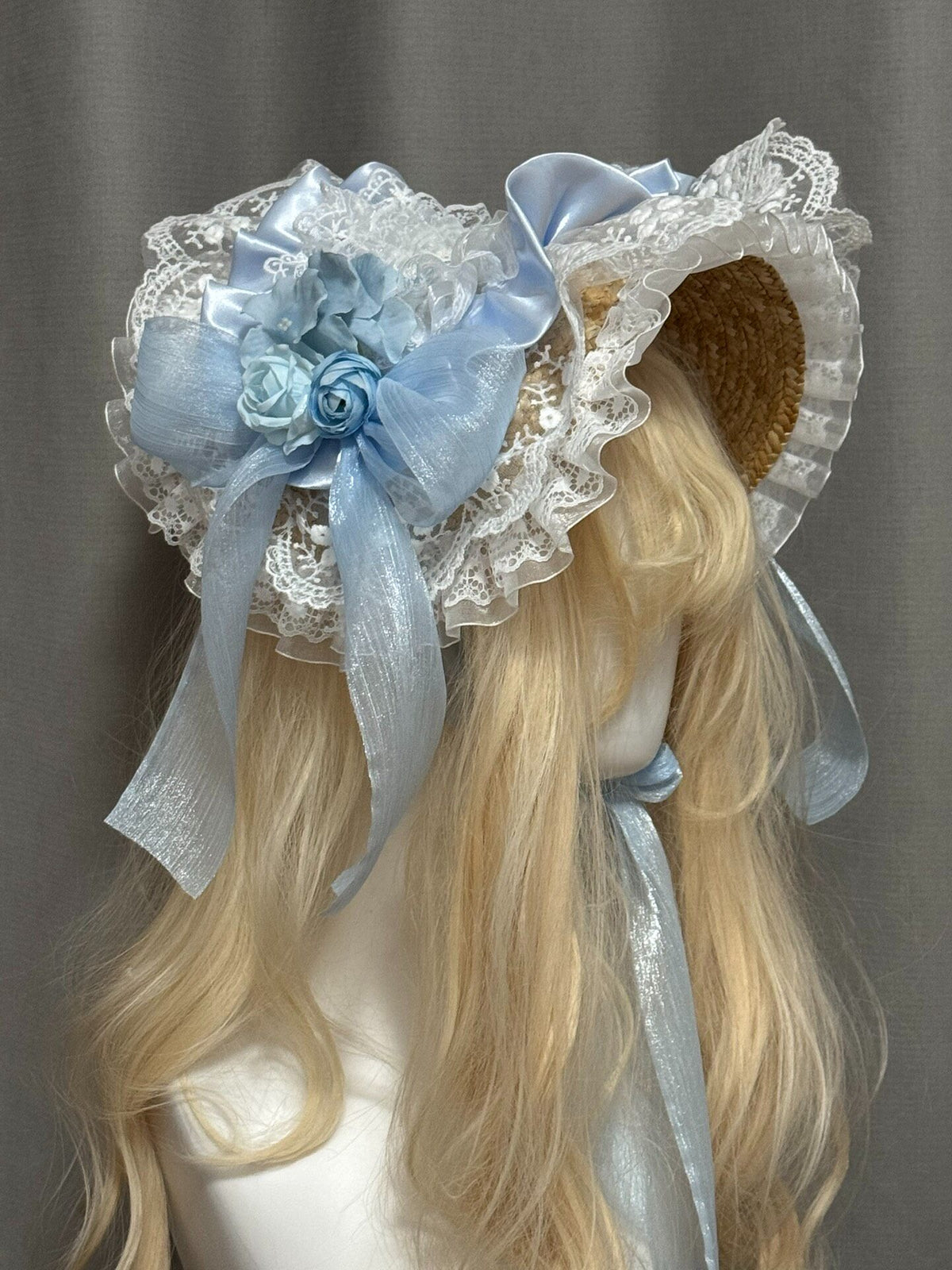 Handcrafted Blue Lace Bonnet Straw Hat