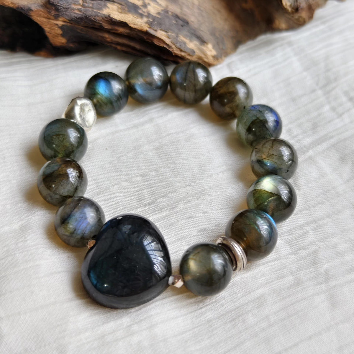 Natural Labradorite Heart Bracelet 13mm Beads