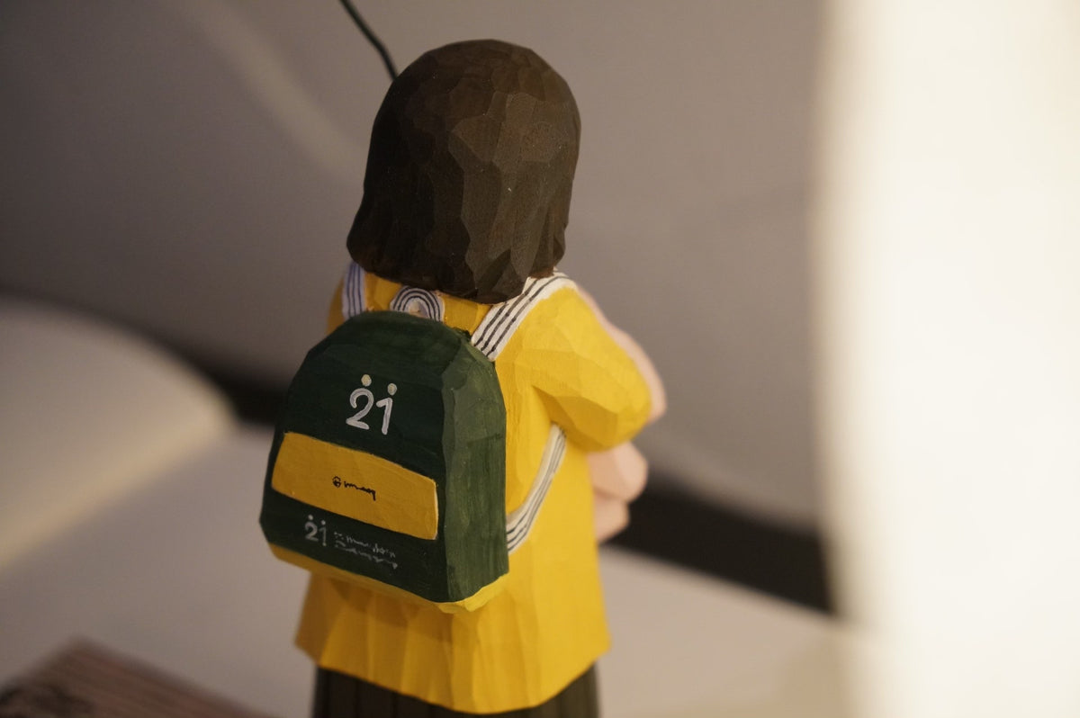 Hand-Carved Wooden Sculpture of Girl with Balloon, 14 cm