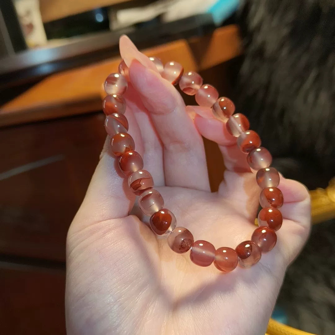 Bracciale con perline in agata rosso ghiaccio naturale 8 mm