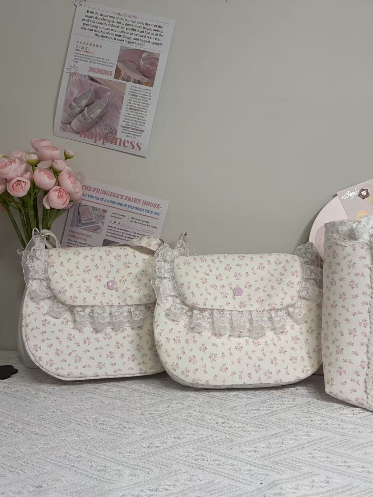 Pink Floral Lace Trim Crossbody Bag