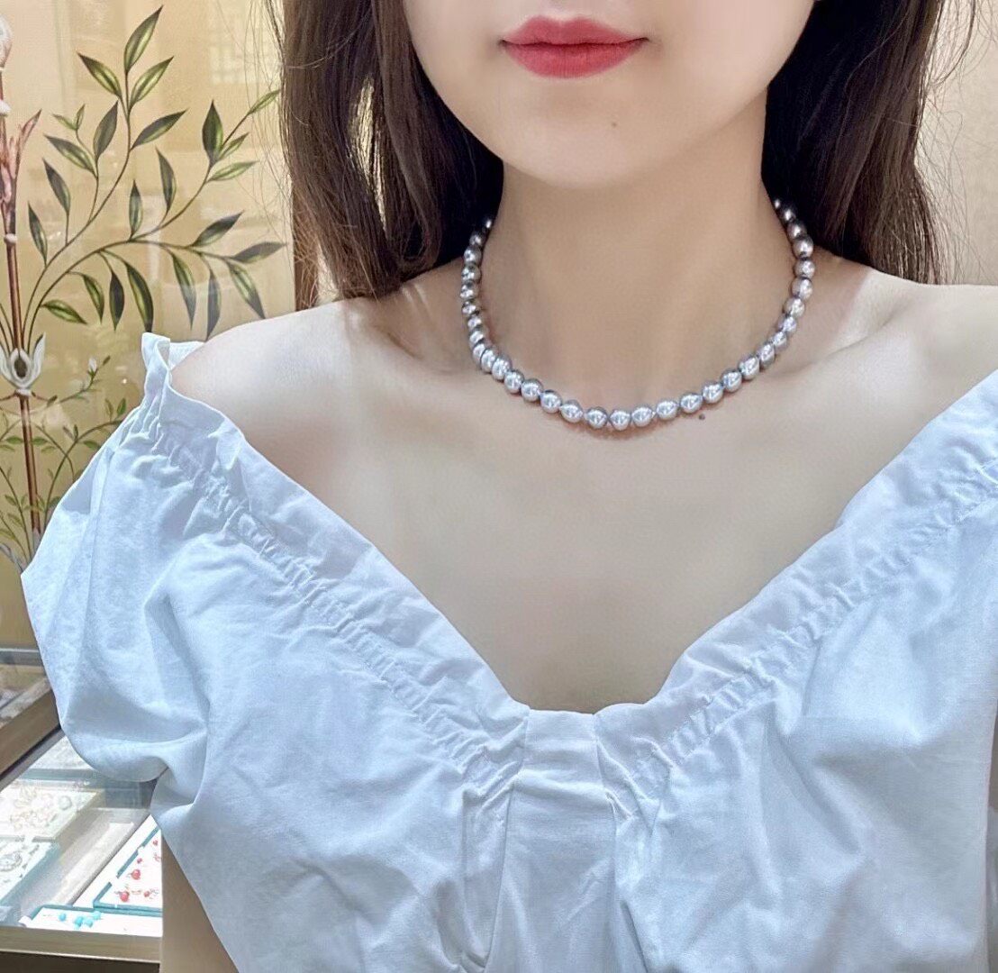 Natural Pearl Necklace, Silver-Grey, 7.5-8mm, 42cm, Gold-Toned Clasp