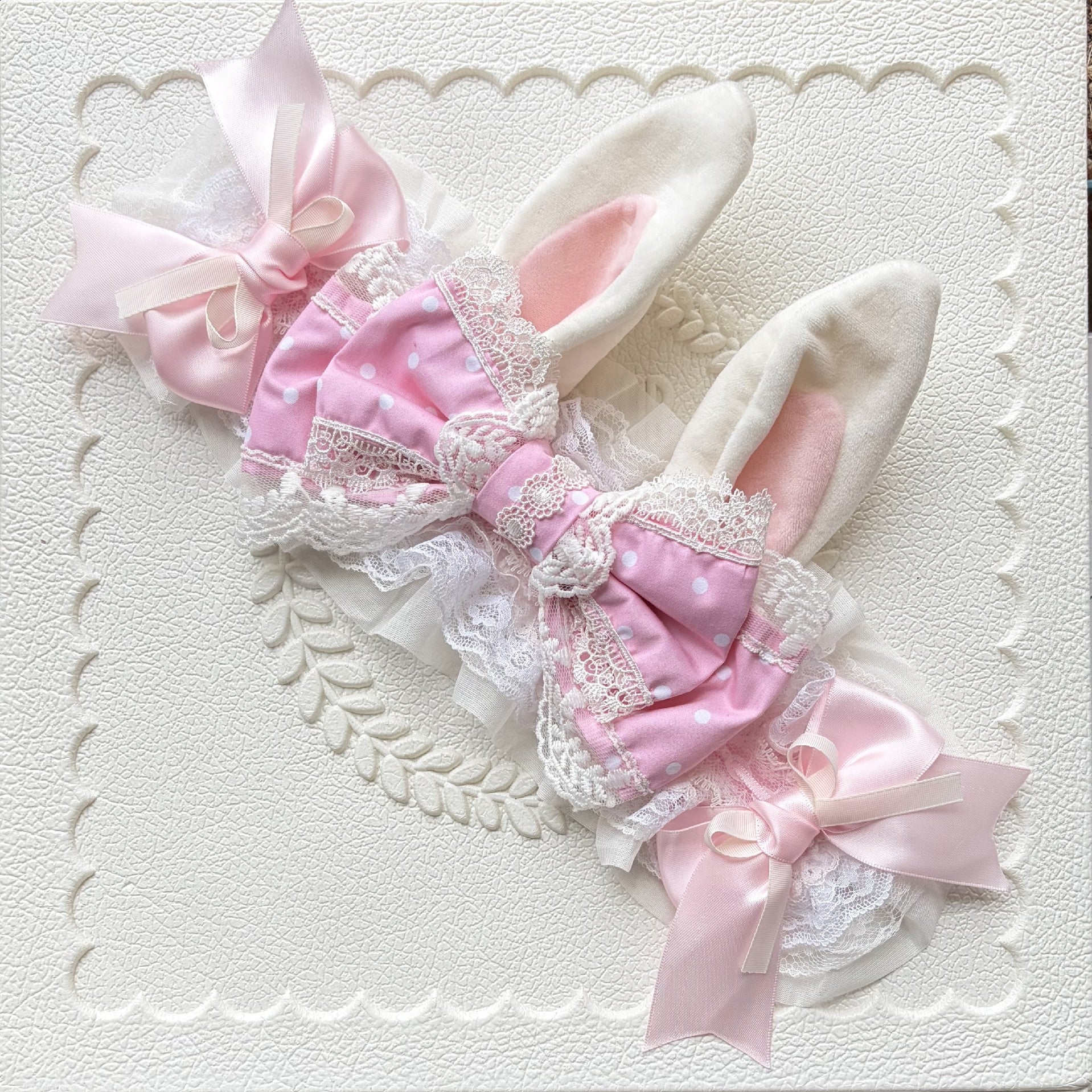 Pink and White Lolita Rabbit Ear Headband with Polka Dot Bow