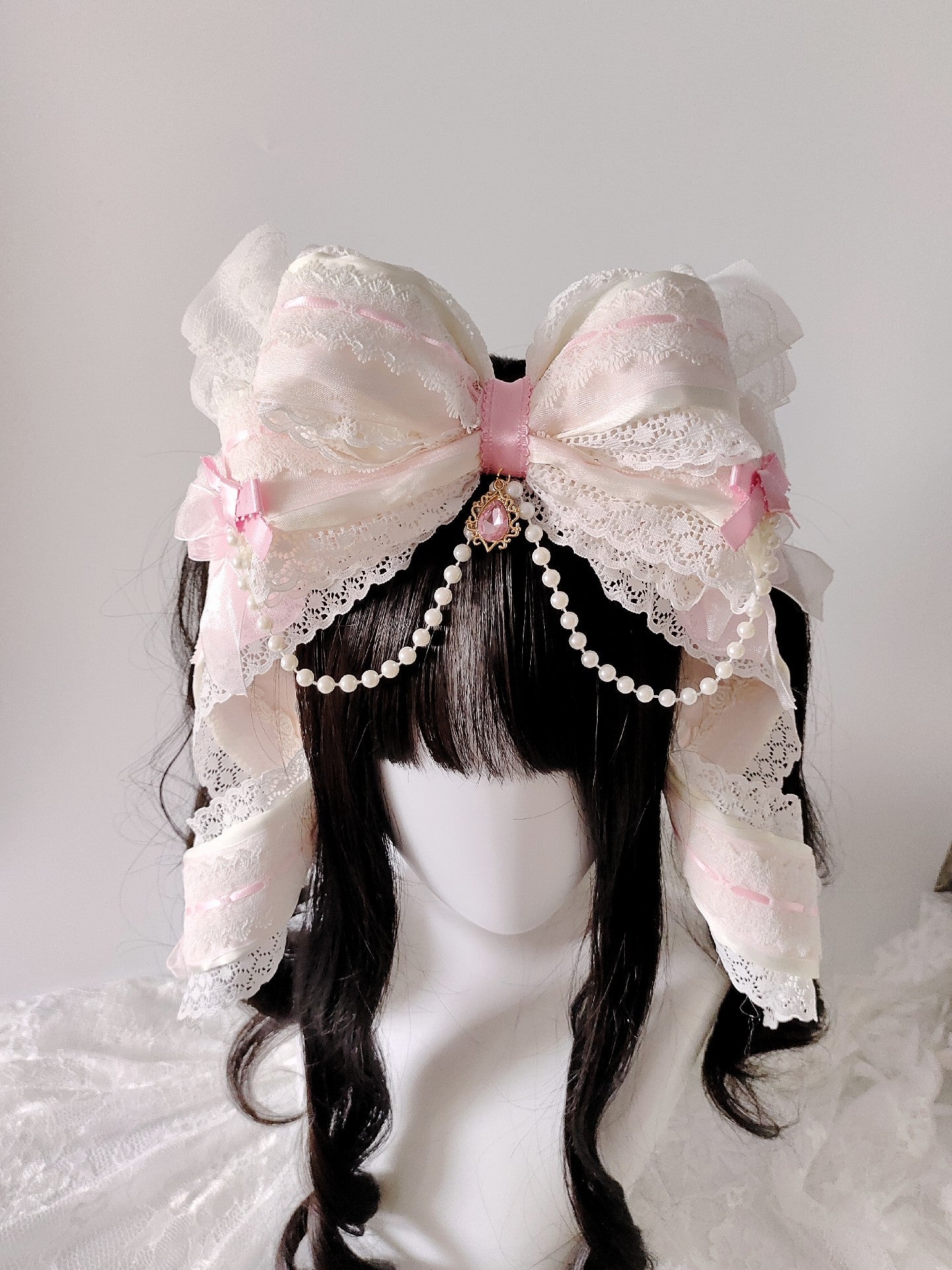Large Lace Bow Headband with Pearl Drop Pendant