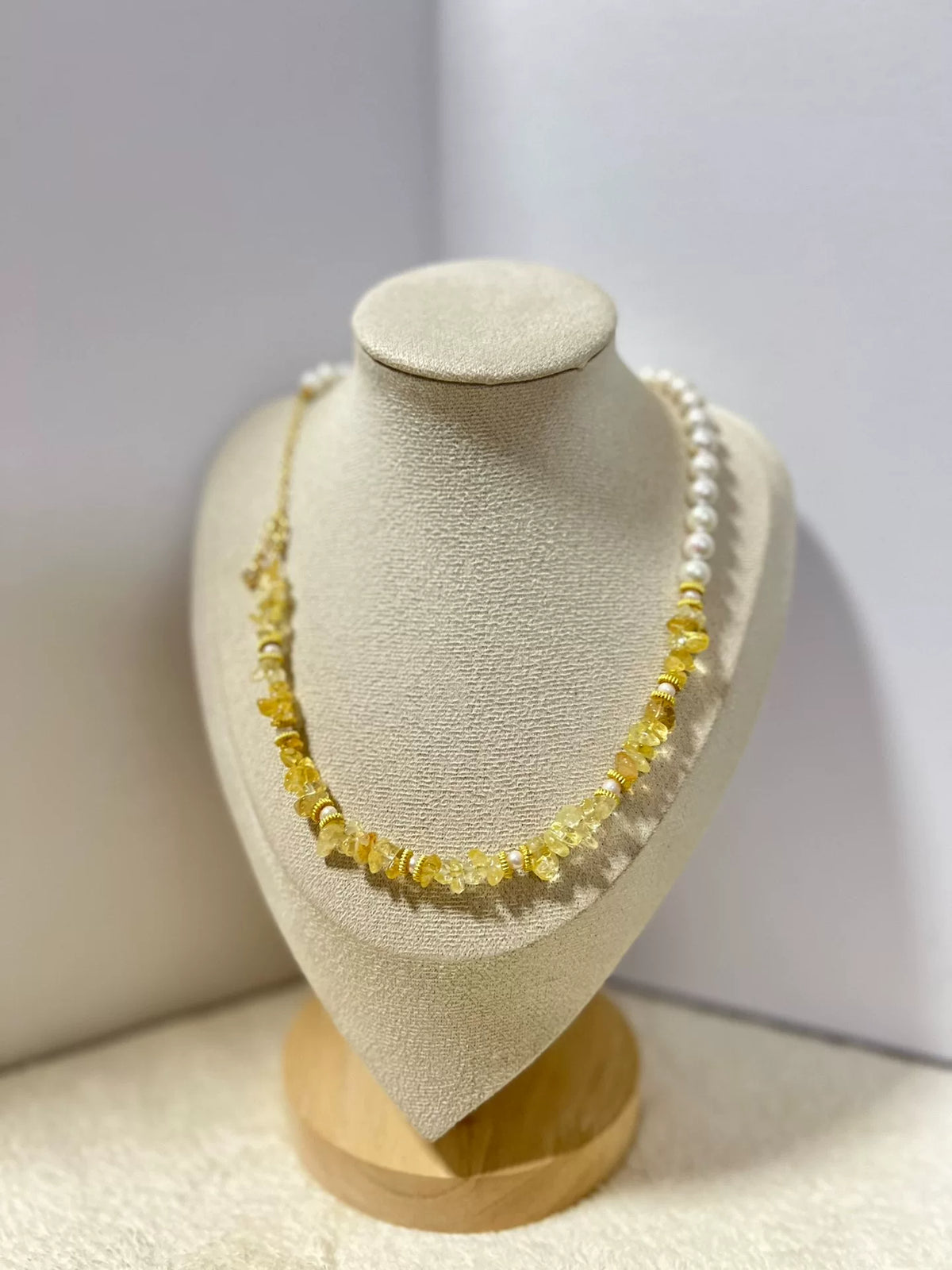 Yellow Crystal and Pearl Two Tone Necklace