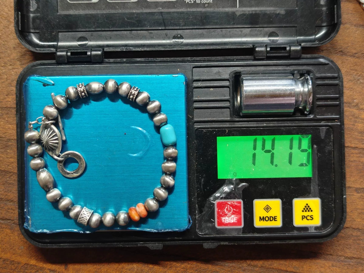 Navajo Style Hammered Silver Bead Bracelet Turquoise