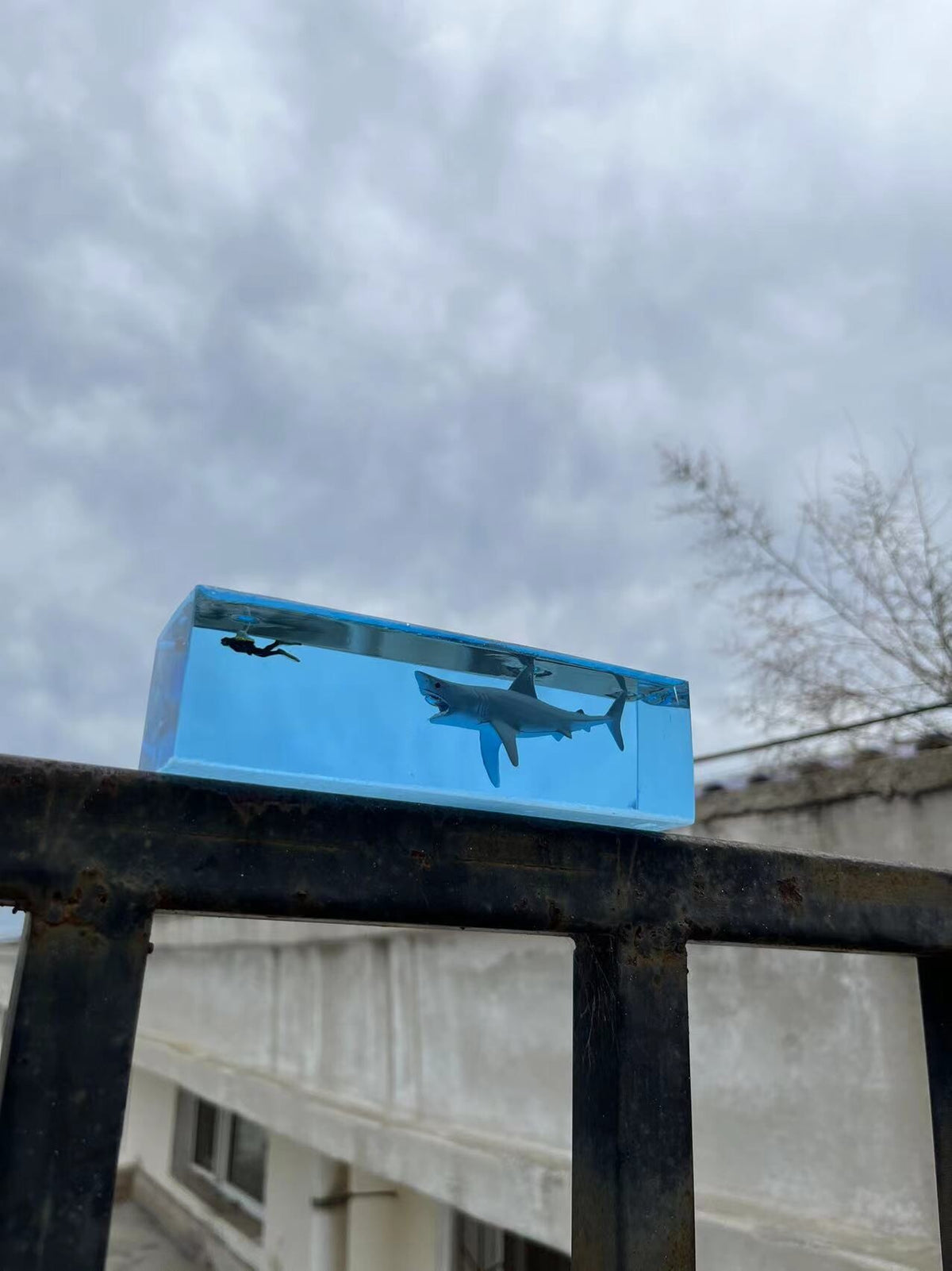 Resin Shark Chasing Diver Decorative Block