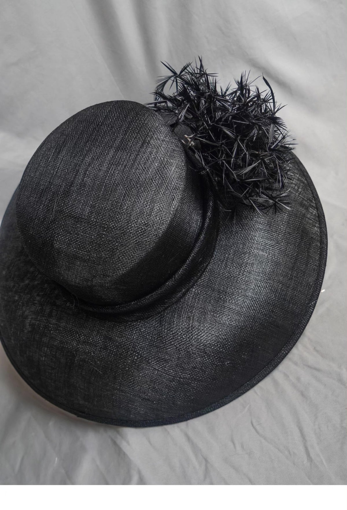 Black Linen Hepburn Sun Hat with Feathers